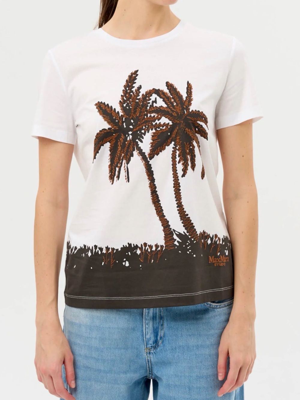 Max Mara White Cotton Tee with Brown Palm Print Size Large